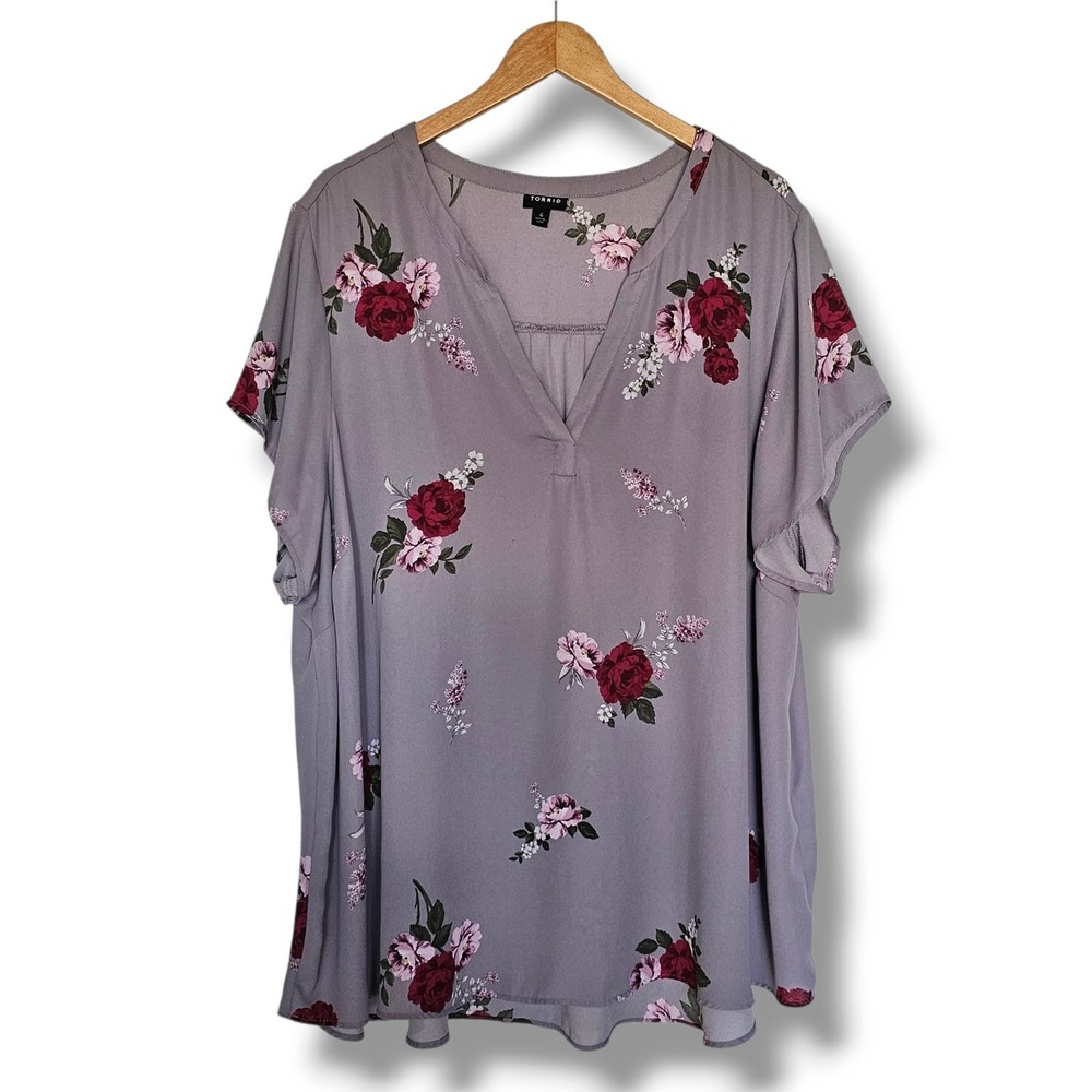 Torrid Blouse 4 Women Purple Floral Georgette Split Neck Flutter Sleeve Top Boho